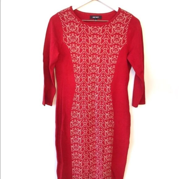 Nine West Red Tan Abstract Sweater Dress size Small - Picture 5 of 6